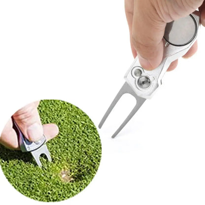 1 Pcs Multi Switchblade Golf Divot Repair Tool Ball Marker Aluminum Alloy Mini Golf Divot Tools Foldable Button Golf Green Fork
